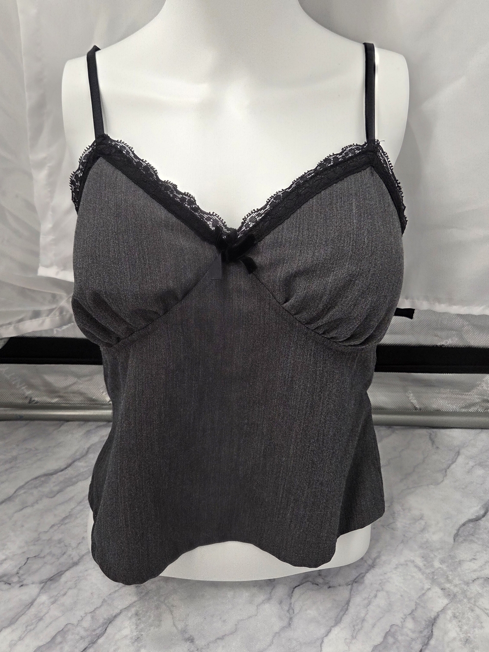 Gray Office Siren Dark Fairy Witchy Camisole Lace Trim Empire Waist Tank Top M